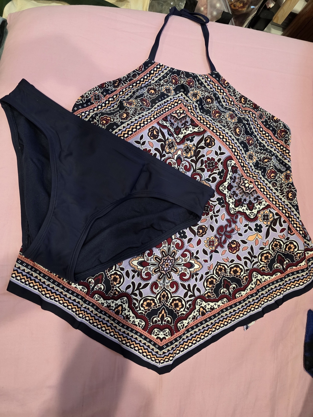 Kona Sol Navy and Multicolor Halter Tankini Top & Navy Bottoms